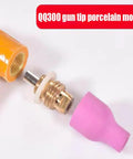 Premium Alumina Ceramic Argon TIG Welding Torch Nozzles For QQ150 QQ350 QQ500 Plus Extra Thick Wall Build Heat And Shock Resistance For Smooth Long Lasting Welds In Any Shop Setup 8 X 73MM Size Pack Of 10, showing pink nozzle next to QQ300 gun tip.