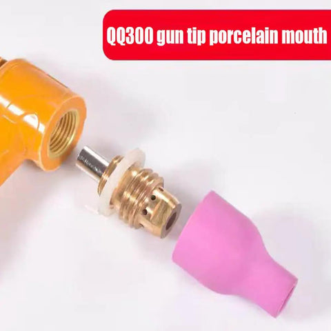 Premium Alumina Ceramic Argon TIG Welding Torch Nozzles For QQ150 QQ350 QQ500 Plus Extra Thick Wall Build Heat And Shock Resistance For Smooth Long Lasting Welds In Any Shop Setup 8 X 73MM Size Pack Of 10, showing pink nozzle next to QQ300 gun tip.
