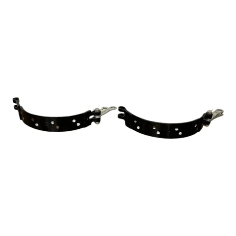 Pair of black curved brake shoe assemblies with mounting brackets and multiple holes.