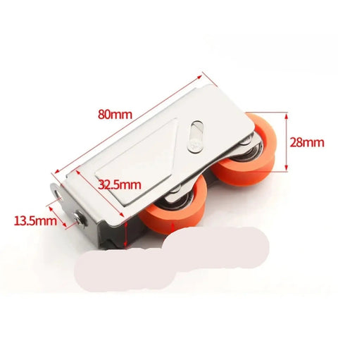 Kickass Sliding Door And Window Pulley Replacement Hardware Four Piece Kit Thickened Stainless Steel With Double Wheel Aluminum Alloy Track Rollers, detailed view of roller size with measurements.