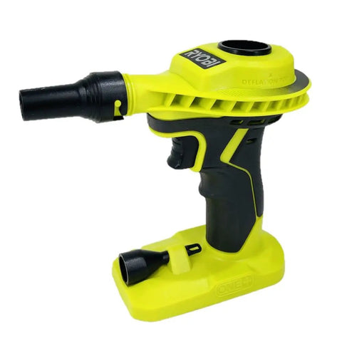 18 Volt High Volume Cordless Inflator Kit with Battery and Charger, shown with locking trigger and pinch valve adapter