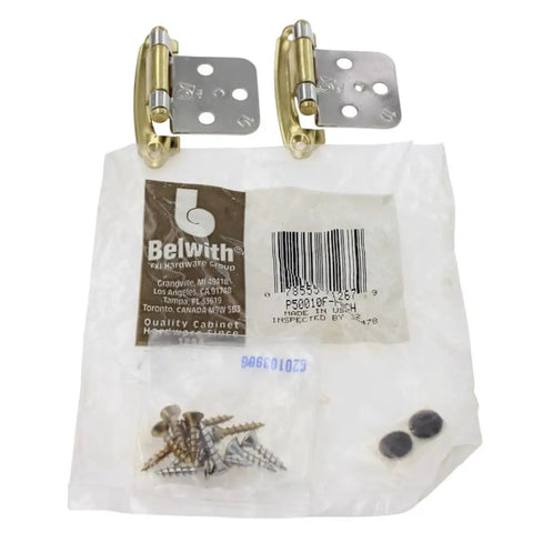 Product packaging with Self-Closing Cabinet Hinges, Chrome And Polished Brass Face Mount, screws included for installation.
