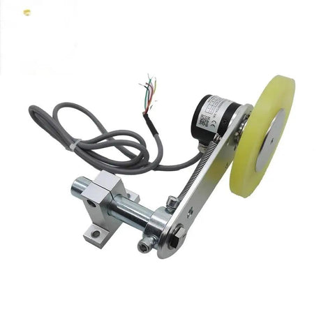 Precision Textile Length Measuring Sensor And Wheel Meter Counter With 300 Millimeter Perimeter, rotary encoder, yellow wheel, mounting bracket.