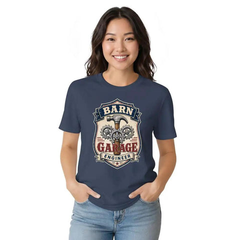 Vintage Mechanical Engineer TShirt With Hammer Gear Emblem For Garage Daily Wear Unisex Cotton Tee on a woman, navy blue with graphic print.