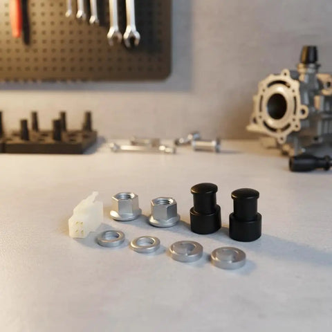 Must Have M12 EBike Hub Motor Axle Nut Kit With Front Lock Nut Lock Washer And Protective Cover For 12mm Shafts on workbench