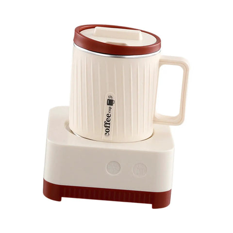 Electric Coffee Warmer And Dual Cooling Mug goes hard keeping your drinks hot or cold, milky white and red design.