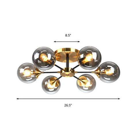 Mid Century Glass Orb Chandelier With Brass Finish Semi Flush Ceiling Light With Radial Design Six Light Fixture