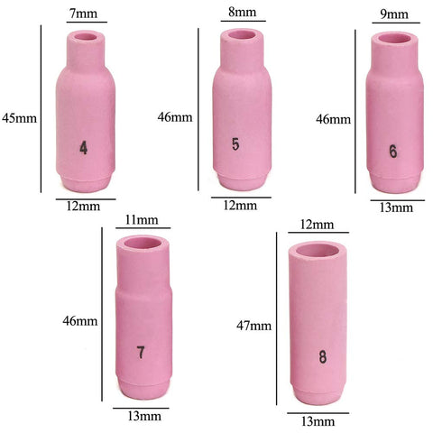 Five pink alumina gas cups from TIG Welding Torches Gas Lens Kit 58 Piece Set With Back Cups, Collets, Collet Bodies, Alumina Gas Cups.