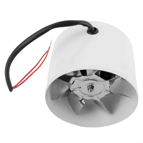 Pro Level 100mm Inline Duct Fan Whispers Silently While Pulling Smoke Directly Out From Kitchen Or Shop Grease Fume Ventilation Unit, top view showing steel blades.