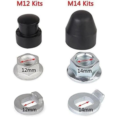 M12 and M14 axle kits for e-bike, showing lock nuts, lock washers, and covers for 12mm and 14mm shafts. Hub Motor Axle Kit For E Bike With M12 Front Lock Nut, Lock Washer And Nut Cover For 12mm Shaft Electric Bicycle Wheels, Secure Easy Install Upgrade For DIY E Bike Projects.