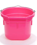 Flat Back Plastic Horse Feed Bucket With Metal Handle For Easy Hanging In Stall, 8 Quart Capacity, Durable Polyethylene, Hot Pink Color
