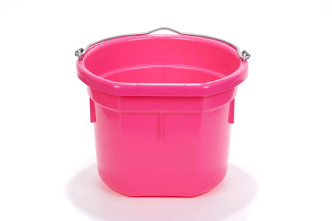 Flat Back Plastic Horse Feed Bucket With Metal Handle For Easy Hanging In Stall, 8 Quart Capacity, Durable Polyethylene, Hot Pink Color