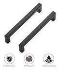 25 Pack Six And One Quarter Inch Square Cabinet Handles Slick Matte Black Stainless Steel Drawer Pulls For Kitchen Hardware Center To Center Six And One Quarter Inch Durable Finish Easy Install Modern Update For Cabinets And Drawers showing matte black finish and features like scratch resistance, anti-fingerprint, oleophobic coating.