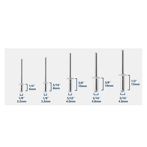 Pro Grade Aluminum Pop Rivets Kit 70 Piece Set, Blind Rivets In 5 Sizes displayed with dimensions, smooth finish, durable construction