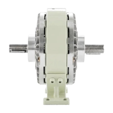 Magnetic powder brake with base, cream housing and dual shafts - side view, DC24V