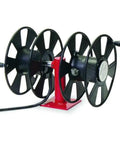 Heavy Duty Electric Welding Cable Reel With Hand Crank Rewind Drum, three spool design, rugged black and red powder coated shell.