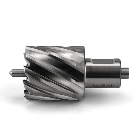 Annular cutter, 1-3/8 in diameter, 3/4 in Weldon shank, side view with pilot pin