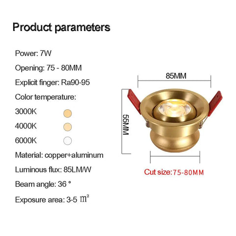 WKNHHL 7W Brass Led Recessed Light 3 Inch Baffle Trim with specifications for power, material, and beam angle.