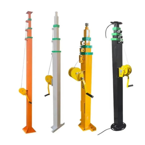 Heavy Duty Eight Meter Telescopic Mast Badass Rig With Knuckle Saver Mechanical Crank And Bright LED Floodlight, colorful steel masts with cranks.