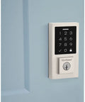 Contemporary SmartCode Touchpad Electronic Deadbolt With SmartKey 9270CNT-514S Matte Black Finish installed on blue door