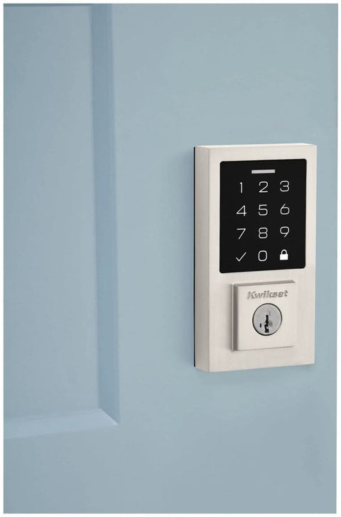 Contemporary SmartCode Touchpad Electronic Deadbolt With SmartKey 9270CNT-514S Matte Black Finish installed on blue door