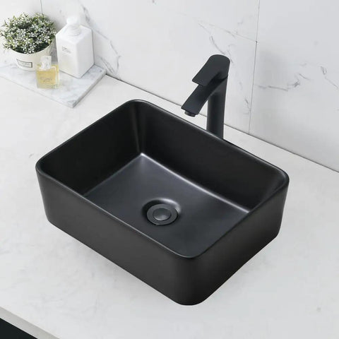 Matte Black Vessel Sink With Faucet And Drain Included, 19 By 15 Inch Rectangular Above Counter Ceramic Vanity Basin