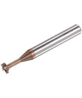 T-slot end mill milling cutter with four-flute titanium-coated solid carbide, copper-colored cutting head and silver shank.