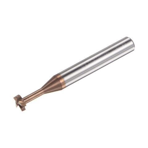 T-slot end mill milling cutter with four-flute titanium-coated solid carbide, copper-colored cutting head and silver shank.