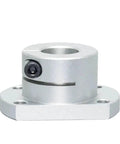 Rock Solid Flanged Shaft Support With Compact Square Mount For Linear Motion Systems. Silver hardened steel coupler with square base.