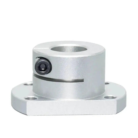 Rock Solid Flanged Shaft Support With Compact Square Mount For Linear Motion Systems. Silver hardened steel coupler with square base.