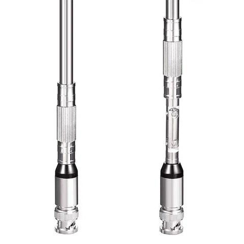 Close-up of Wideband 20-1300MHz Police Scanner Antenna, 8-Section Telescopic 50 Ohm BNC Male Connector, metal finish details