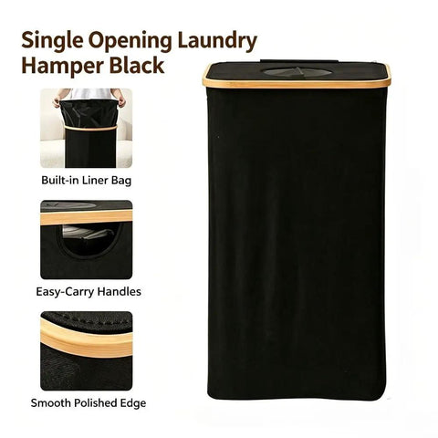 Kick Clutter To The Curb With This Slick Collapsible Storage Bin And Lid Premium Oxford Fabric Organizer Basket Build Ideal For Laundry Towels Books Plus Daily Gear Seamless Household Maintenance That Settles Perfectly In Any Room, Black single opening laundry hamper with built-in liner bag and smooth bamboo edge.