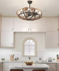 Rustic Ceiling Fan With Eight Dimmable Integrated Lights And Slick Smart Setup In Antique Pecan And Anthracite Finish showcasing kitchen decor.