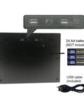 Back of Interactive Talking ATM Bank for Kids with USB ports, battery compartment, and included USB cable; batteries not included.