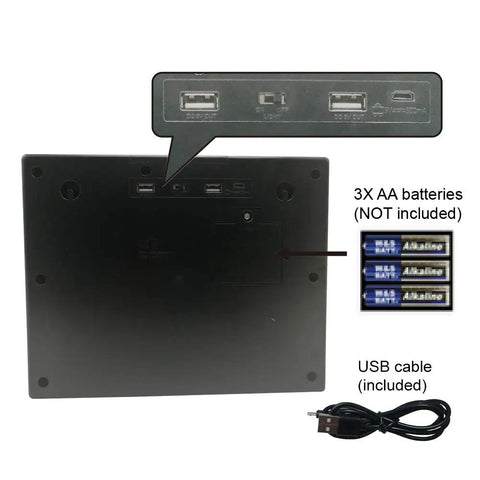 Back of Interactive Talking ATM Bank for Kids with USB ports, battery compartment, and included USB cable; batteries not included.