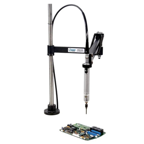24 Inch Adjustable Articulating Bench Top Tool Holder With Torque Reaction Arm For Safer Hands Free Tooling Reduces Arm And Wrist Strain Easy Mount Clamp Max 100 Lbf-In Torque And 27.5 Inch Reach Supports Tools Up To 5 Lb., shown with power tool over circuit board