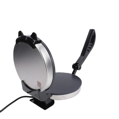 Asixxsix Electric Tortilla Maker, 1000W 8 Inch Non Stick Roti Press With Smart Temp Control showing the stainless steel surface and black handle.