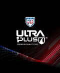 Ultra Plus Premium Quality Oils logo with 'Made in USA' badge on a black background with red and blue wave pattern.