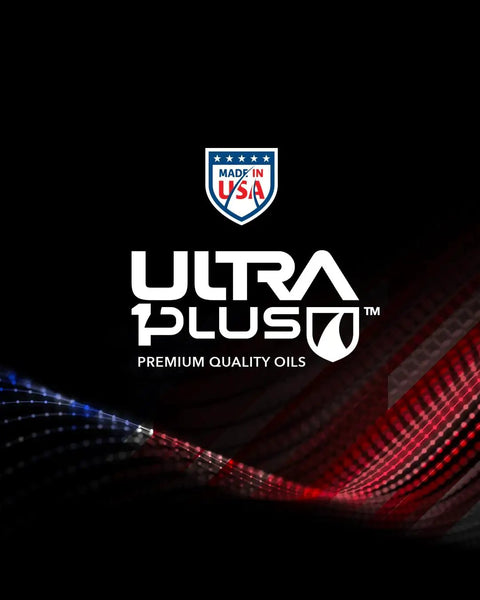 Ultra Plus Premium Quality Oils logo with 'Made in USA' badge on a black background with red and blue wave pattern.