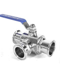 1.5-inch tri-clamp sanitary ball valve with blue lever, front view, stainless steel, 3-way T-port