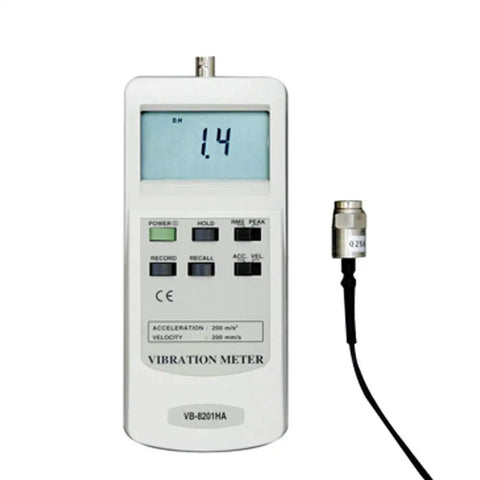 Handheld Vibration Meter And Analyzer For HVAC Systems Automotive And Industrial Use Wind Turbines Pro Grade With Data Hold LCD Display Model VB 8201HA front view with probe