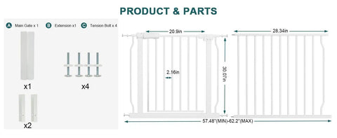 Parts and dimensions of Extra Wide Indoor Baby Gate For Doorways And Stairs White Metal Pressure Mounted Safety Gate With Auto Close