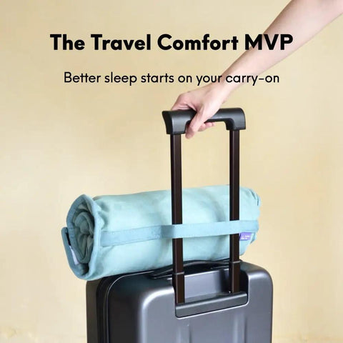 Compact Travel Memory Foam Neck Pillow For Deep Sleep On The Go Ideal For Hotels Camping And Side Or Back Sleepers Ultra Plush Portable Wellness Green strapped to suitcase