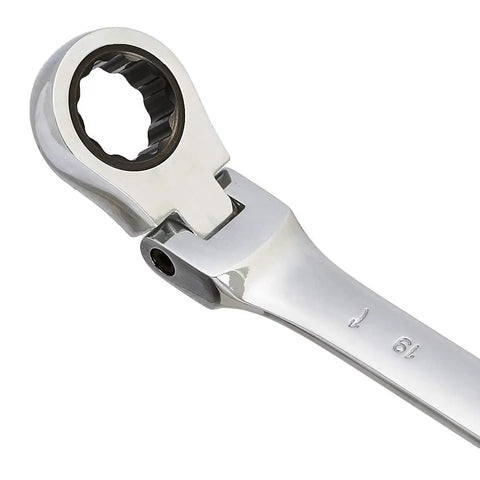 Close-up of Flexible Gear Ratcheting Wrench Set 10 Piece With 72 Tooth Ratchet And Only A 5 Degree Swing For Tight Spaces Ideal For Auto Repairs And Home DIY Projects showing wrench head.