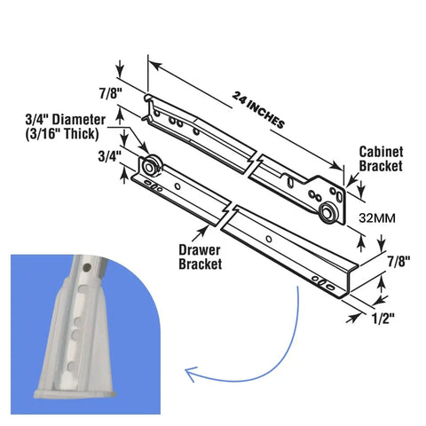 24 Inch Euro Drawer Slides Pack Of 2 For Face Frame And Frameless Cabinets Heavy Duty 75Lb Capacity Cold Rolled Steel Powder Coated Includes Brackets And Screws Choose Length By Drawer Box Not Cabinet Depth, 24-inch slide diagram