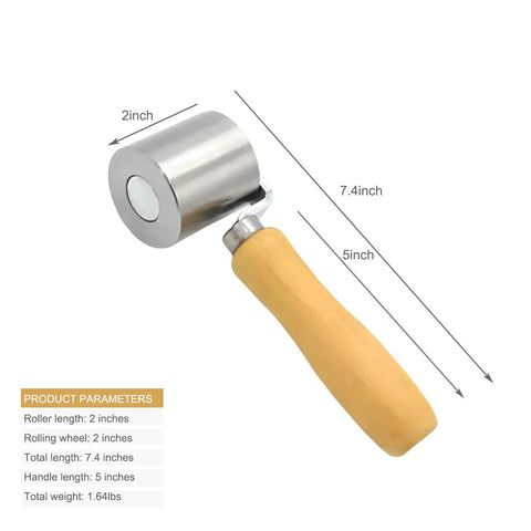 Metal seam roller with wood handle; 2-inch rolling wheel, 7.4-inch overall length (handle 5 inches).