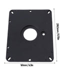 Industrial Grade Aluminum Router Lift System Featuring Fine Micro Adjustment Controls And Rock Solid Base Platform Optimized For Masterful Woodshop Repairs, black base plate with mounting holes and router opening.