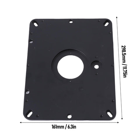 Industrial Grade Aluminum Router Lift System Featuring Fine Micro Adjustment Controls And Rock Solid Base Platform Optimized For Masterful Woodshop Repairs, black base plate with mounting holes and router opening.