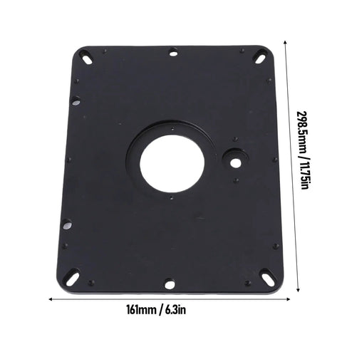 Heavy Duty Router Lift Kit With Solid Aluminum Alloy Build Featuring Four Insert Rings Straight Up Precision For Woodworking Projects showing black aluminum router lift plate dimensions.