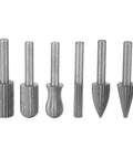Heavy Duty Tungsten Carbide Burrs Six Pack Built Tough For Wood Carving And Metal Engraving With 6mm Shank grinding bits on display.
